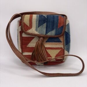 WOVEN WOOL KILIM Vintage 80's 90s Vintage Rug Tooled Leather Crossbody Bag Purse